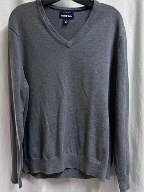 Lands End Sweater Mens Large Gray V Neck Pullover 100% Supima Cotton Classic